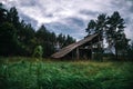 Spooky wooden abandoned house in creepy forest at twilight