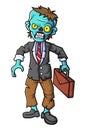 Spooky zombie businessman cartoon character on white background