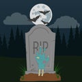 A spooky zombie grave Halloween illustration with full moon. Vector.