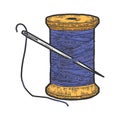 Spool of blue thread with a needle. Scratch board imitation. Color hand drawn image. Royalty Free Stock Photo
