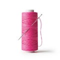 A spool of bright pink thread with a silver needle inserted through the thread on a white background Royalty Free Stock Photo