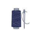 Spool of deep blue thread paired with a silver sewing needle. The thread is wrapped Royalty Free Stock Photo