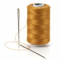 A spool of golden-brown thread is positioned upright, with a threaded needle standing Royalty Free Stock Photo