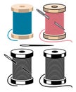 Spool icons with sewing needle and thread. vector