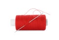 Spool of red sewing thread with needle isolated on white Royalty Free Stock Photo