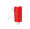 Spool of red sewing thread with needle isolated on white Royalty Free Stock Photo