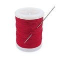 Spool of red thread with needle, Bobbin thread, Material of sewing tool, Cut out with clipping path, Isolated on white background.