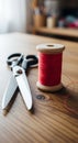 A spool of red thread and a pair of metal scissors with black handles rest on a Royalty Free Stock Photo
