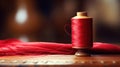 A spool of red thread on a wooden table, AI Royalty Free Stock Photo