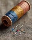 A spool of thread with multiple colors and two needles on a textured gray fabric surface close up view Royalty Free Stock Photo