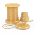 Spool thread  needle  button and thimble on a white background. Gold material. Royalty Free Stock Photo