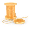 Spool thread  needle and button on a white background. Gold material. Needlework concept. 3D rendering. Royalty Free Stock Photo