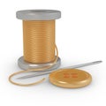 Spool thread  needle and button on a white background. Gold and silver materials. Needlework concept. Royalty Free Stock Photo