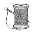 Spool of thread with a needle. Scratch board imitation. Black and white hand drawn image. Royalty Free Stock Photo