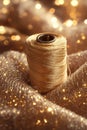 A spool of thread sitting on top of a gold fabric Royalty Free Stock Photo
