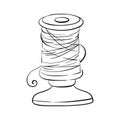Spool of thread, vintage sewing tool for fabric, textile, craft. Graphic vector line, hand drawn, black silhouette for Royalty Free Stock Photo