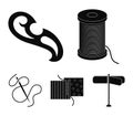 A spool with threads, a needle, a curl, a seam on the fabric.Sewing or tailoring tools set collection icons in black Royalty Free Stock Photo