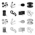 A spool with threads, a needle, a curl, a seam on the fabric.Sewing or tailoring tools set collection icons in black Royalty Free Stock Photo