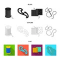 A spool with threads, a needle, a curl, a seam on the fabric.Sewing or tailoring tools set collection icons in black Royalty Free Stock Photo