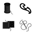 A spool with threads, a needle, a curl, a seam on the fabric.Sewing or tailoring tools set collection icons in black Royalty Free Stock Photo