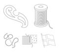 A spool with threads, a needle, a curl, a seam on the fabric. Sewing or tailoring tools set collection icons in outline Royalty Free Stock Photo