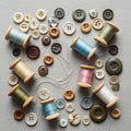 Spools are assorted buttons in different sizes and shades featuring Royalty Free Stock Photo