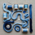 Spools hold the thread, alongside scattered blue buttons and a few Royalty Free Stock Photo