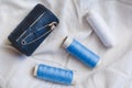 Spools of blue and white thread with sewing needle and pin on white cotton cloth Royalty Free Stock Photo