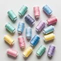 The spools feature pastel shades including green, pink, blue, yellow, and purple Royalty Free Stock Photo