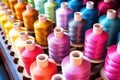 spools of colorful thread rolling in embroidery machine Royalty Free Stock Photo