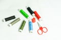 Spools of multi-colored threads and scissors Royalty Free Stock Photo