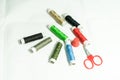 Spools of multi-colored threads and scissors Royalty Free Stock Photo
