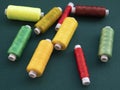 Spools of multicolored thread for sewing and embroidery on the green background. Threads for sewing machine and overlock in the