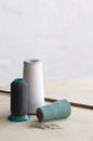 Spools of thead and pins on table Royalty Free Stock Photo