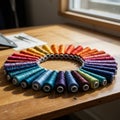 Spools of thread are arranged in a circular gradient on a wooden table, showcasing a Royalty Free Stock Photo