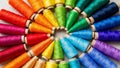 Spools of thread arranged in a circular pattern display a full spectru Royalty Free Stock Photo