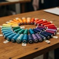 Spools of thread arranged in a circular pattern display a gradient of colors from Royalty Free Stock Photo