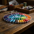 Spools of thread arranged in a circular pattern display a spectrum of colors on a Royalty Free Stock Photo