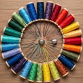 Spools of thread arranged in a circular pattern, showcasing a spectrum of colors from Royalty Free Stock Photo
