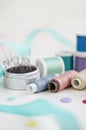 Spools of thread and basic sewing tools including pins, needle, a thimble, and tape measure. Copy space Royalty Free Stock Photo