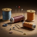 Spools of thread in blue, brown, and orange tones are arranged on a textured surface. Royalty Free Stock Photo