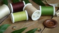 Spools of Thread with a Button, Sewing Needles and a Measuring Tape
