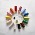 Spools of thread in circle with needle thimble and button Royalty Free Stock Photo