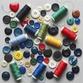 Spools of thread include shades of red, green, blue, black, and yellow, Royalty Free Stock Photo
