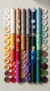 Spools of thread and matching buttons are neatly arranged in vertical rows on a flat Royalty Free Stock Photo