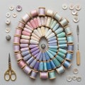 Spools of thread in pastel shades are arranged in concentric circles Royalty Free Stock Photo