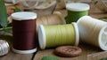 Spools of Thread with Sewing Needles, Thimble and Button