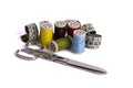 Spools of thread, tape mesurement and scissor