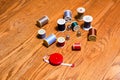 Spools of thread, thimbles, and a tape measure Royalty Free Stock Photo