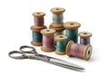 Spools of thread in various pastel colors, including pink, green, Royalty Free Stock Photo